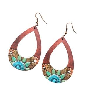 Boho Colorful Flower Hollow Cut Wood Drop Earrings